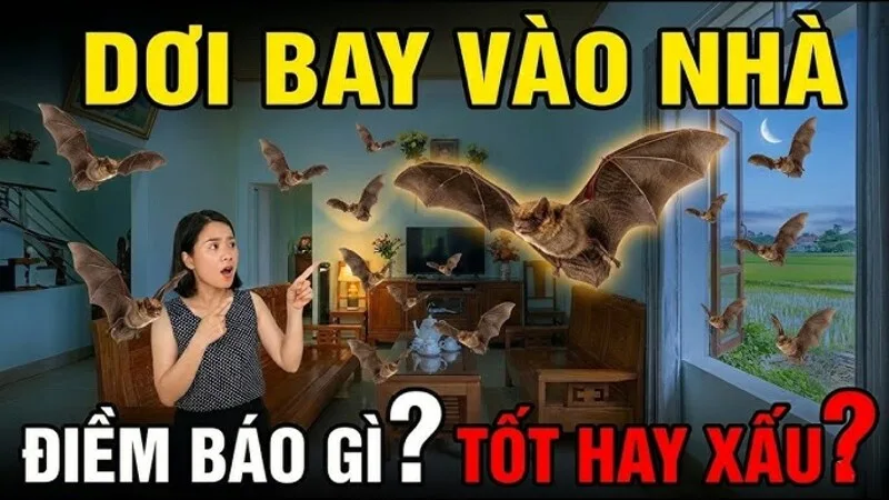 Hình dơi bay gần mái nhà, kết hợp biểu tượng may mắn hoặc hoa văn dân gian